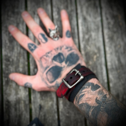 Artisan Handmade Red & Black Road Worn Out Distressed Relic Leather Wristband Wrap Cuff Bracelet Accessory with Oxidised Silver Buckle Strap