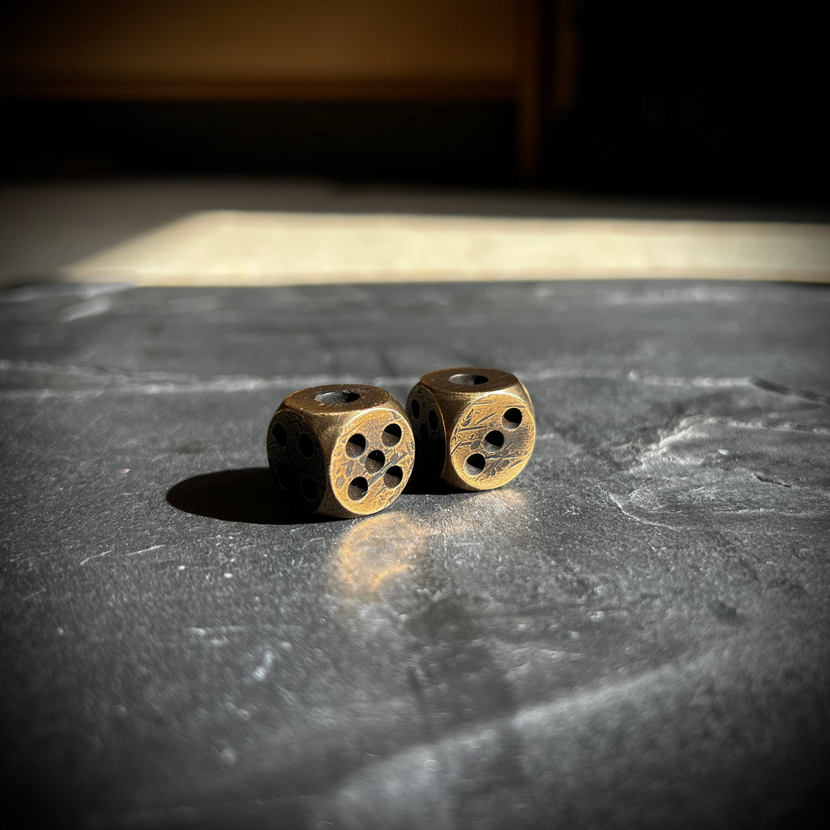 Custom Solid Heavy Brass Metal Dice Set with Distressed Aged Vintage Old Finish / EDC / Pocket Accessory / Poker / Gambler / Card Game