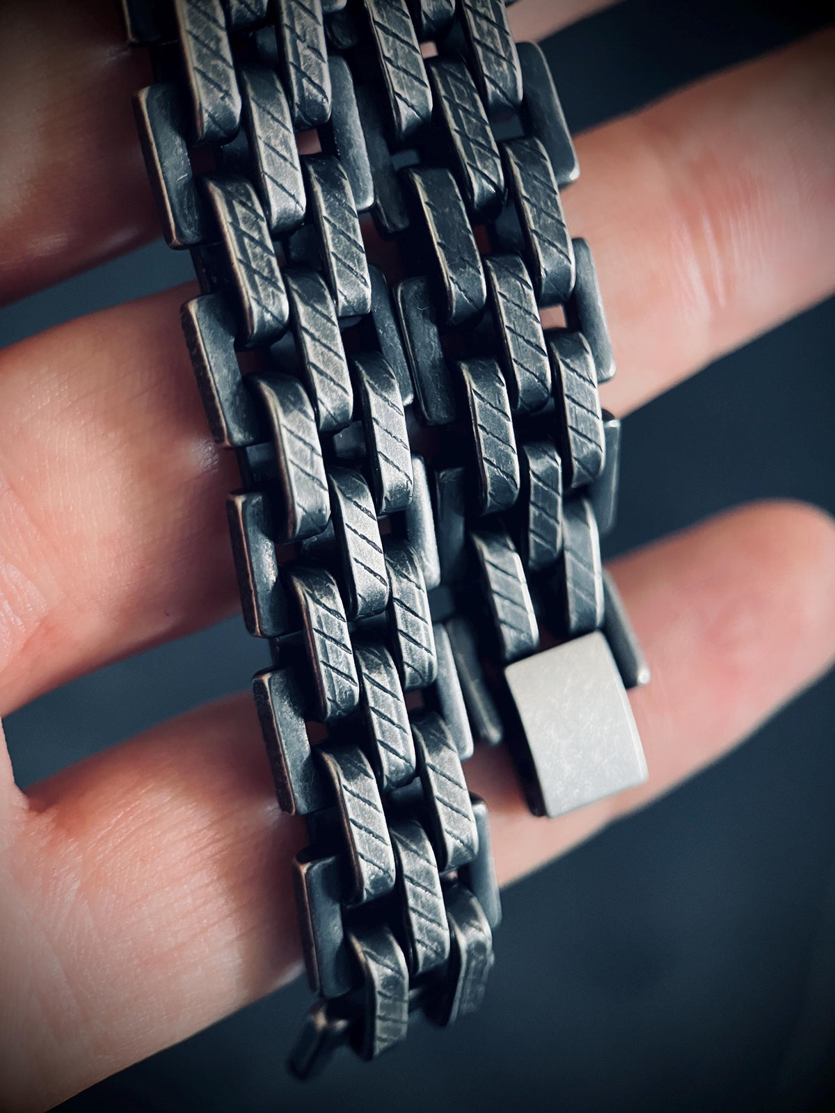 Brutalist Oxidised Stainless Steel Wide Thick Boxy Chunky Heavy Link Chain Bracelet - Mens