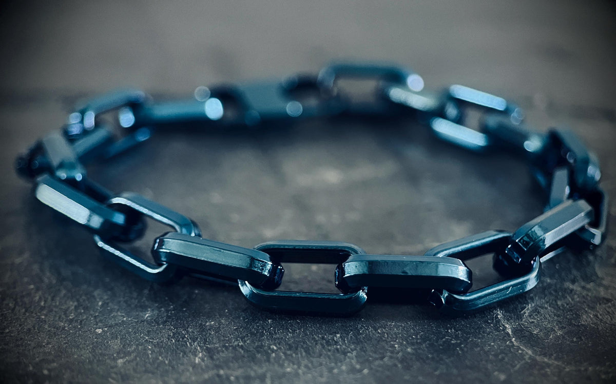Simple Stainless Steel Teal Metallic Blue Thick Chunky Heavy Anchor Link Chain Bracelet - Mens / Unisex / Titanium / Minimalist