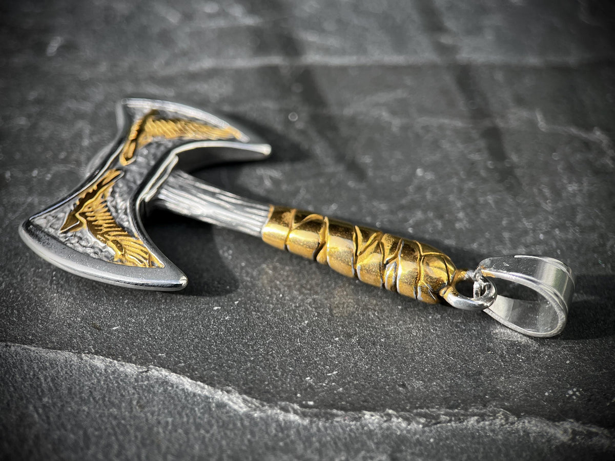 Rustic Distressed Stainless Steel Silver & Gold Large Viking Axe Charm Pendant