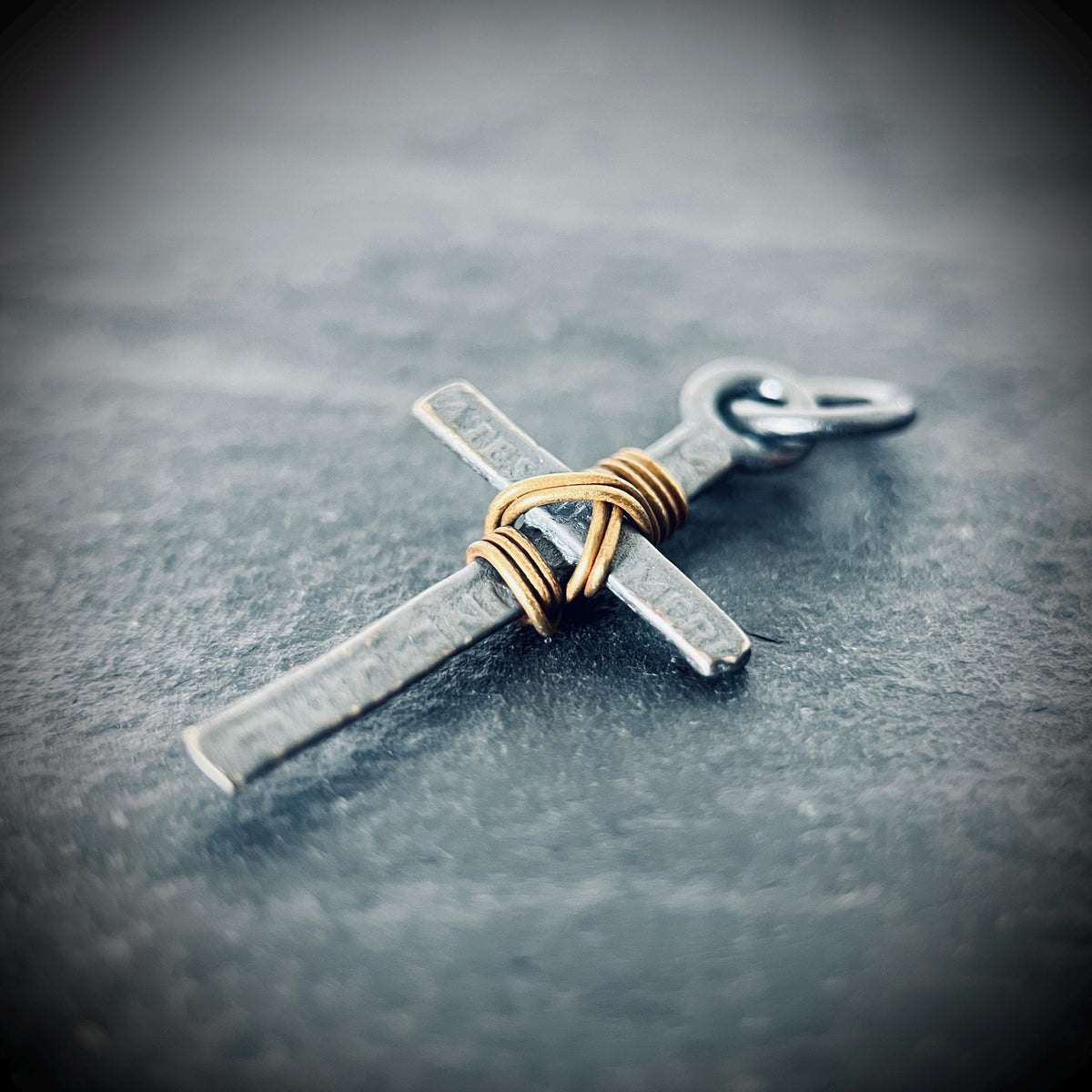Distressed & Oxidised 925 Solid Sterling Silver Dainty Small Rustic Cross Crucifix Pendant with Brass Rope Wrapping | Minimalist | Plain