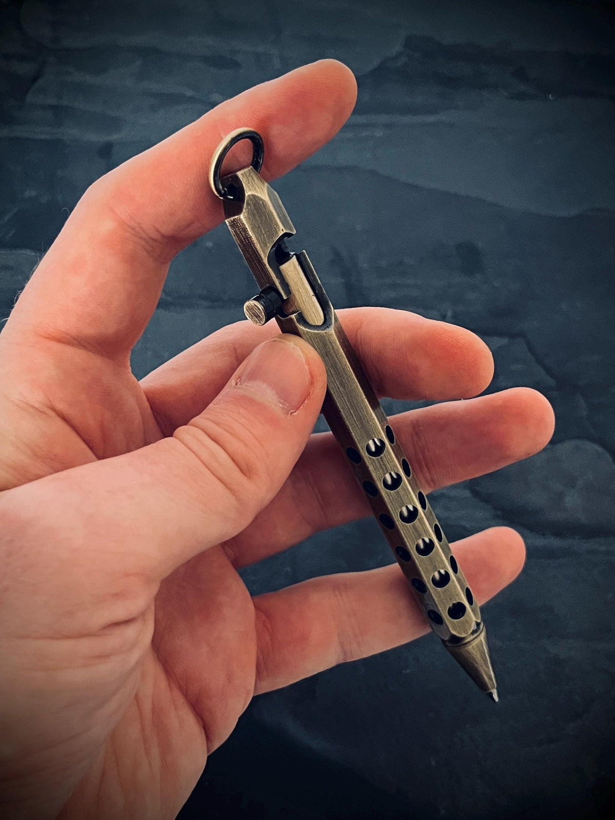 Distressed Bolt Action Oxidised Brass Pen with Grip and Keychain Loop | EDC