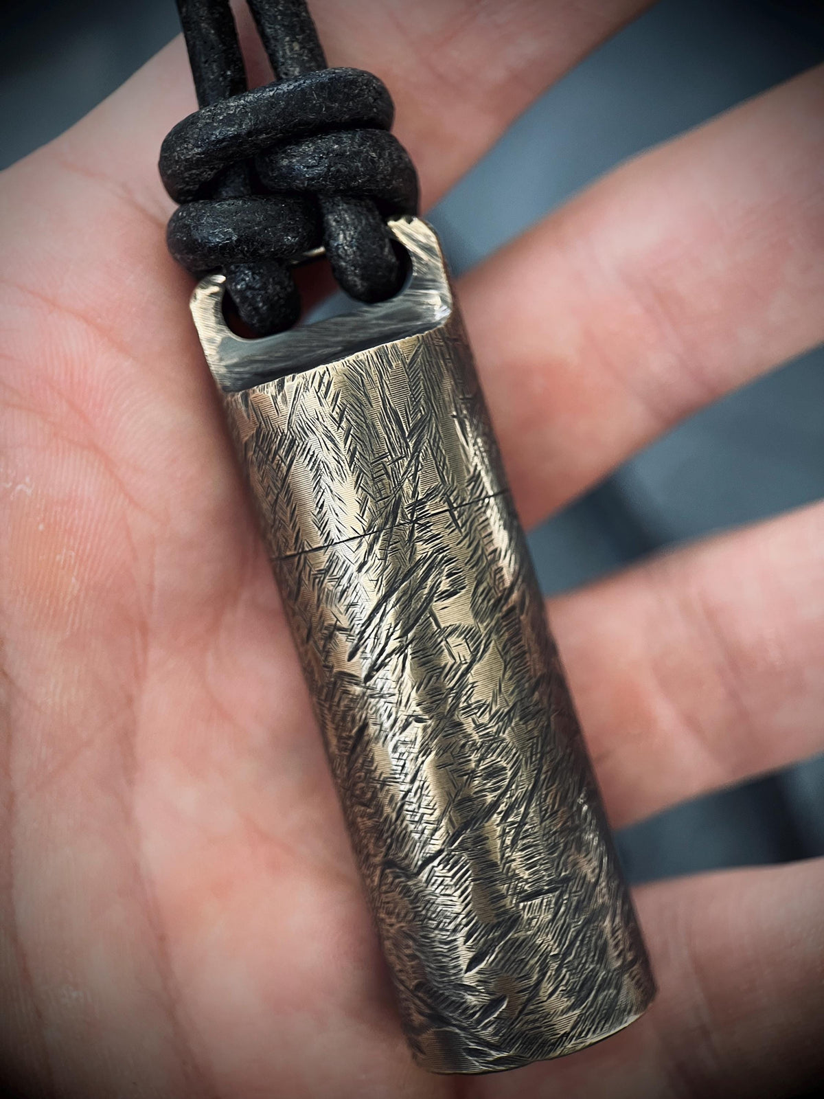 Large Rustic Brass Pill Vial Necklace: Distressed Capsule Stash Pendant with Leather Cord