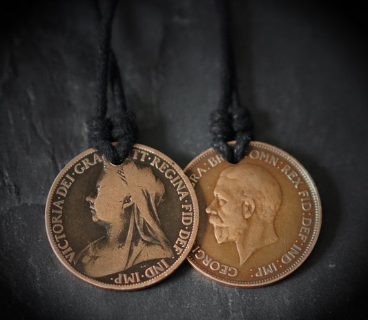 Distressed Copper Penny Necklace Set: King & Queen Medallion Pendants
