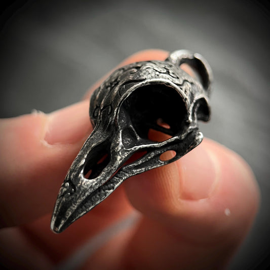 Oxidised Blackened Stainless Steel Crow Skull Amulet Ornate Pendant
