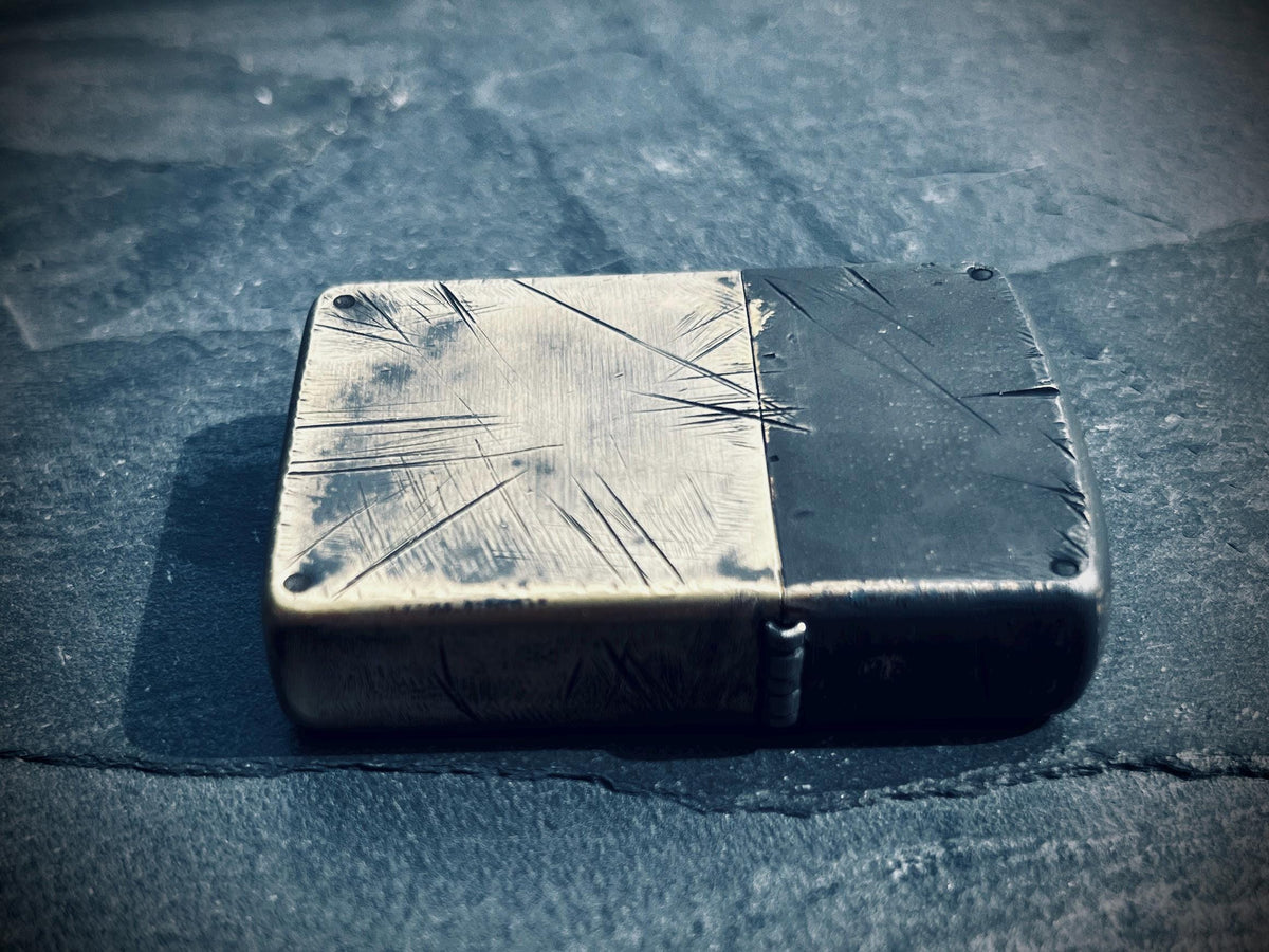 Customised Heavily Distressed Oxidised Black & Gold 2-Tone Patina Solid Brass Armor Heavy Wall Zippo Lighter / EDC / Vintage / Custom