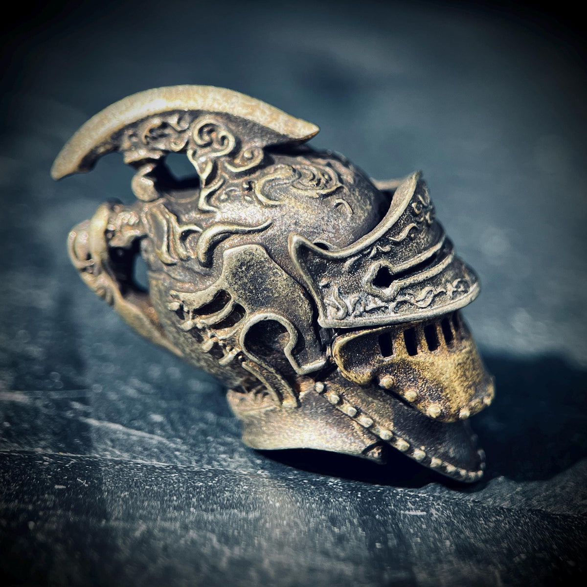 Ornate Highly Detailed Carved Distressed Aged White Brass Templar Knight Helmet Skull Pendant