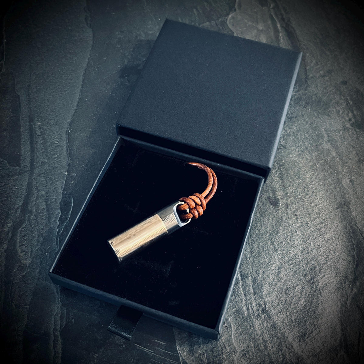 Handmade Brass Vial Capsule Pendant: Rustic 2-Tone Cremation Keepsake with Brown Leather Cord Necklace