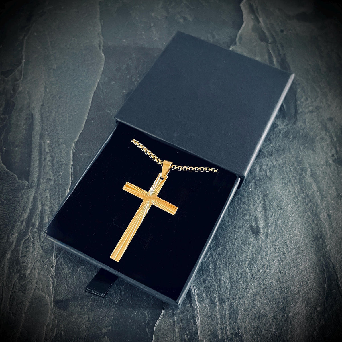 Gold Stainless Steel Ornate Engraved Pattern Cross Pendant & Necklace - Boxy Style