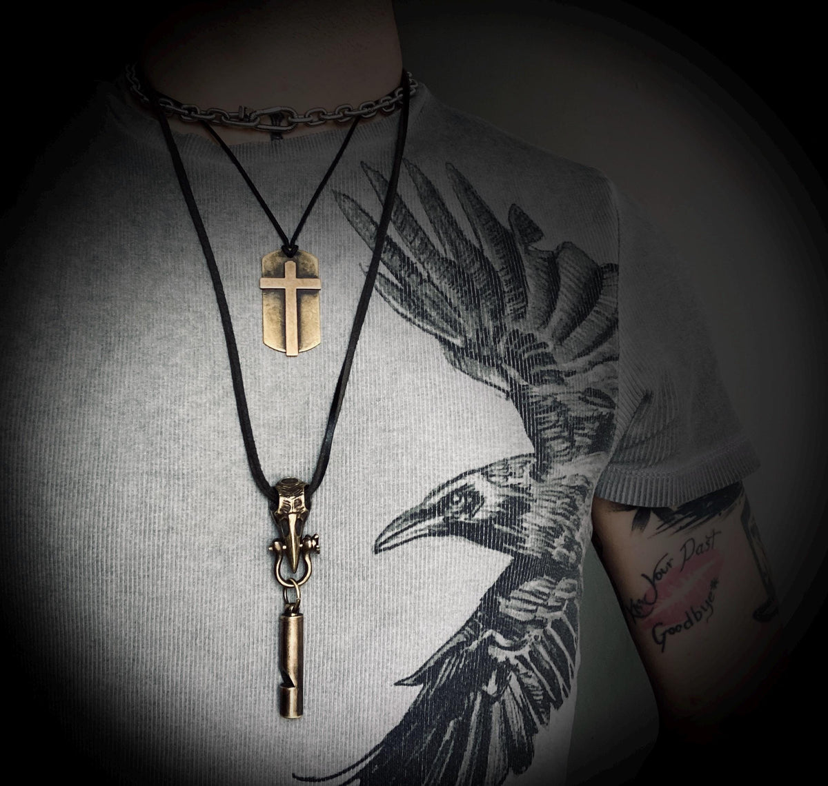 Handmade Brass Crow Skull Pendant with Whistle Attachment & Black Leather Cord Necklace