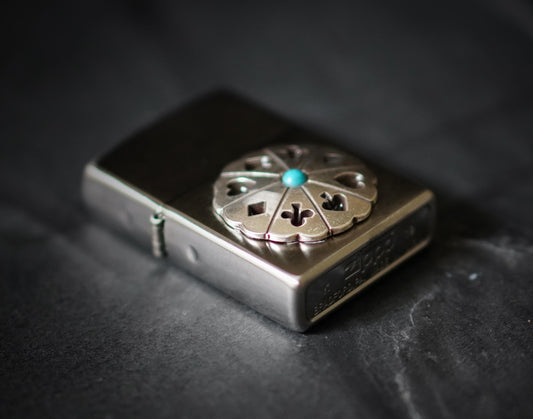 Customised Brushed Silver Chrome Zippo Lighter with Playing Card Wheel Emblem Badge