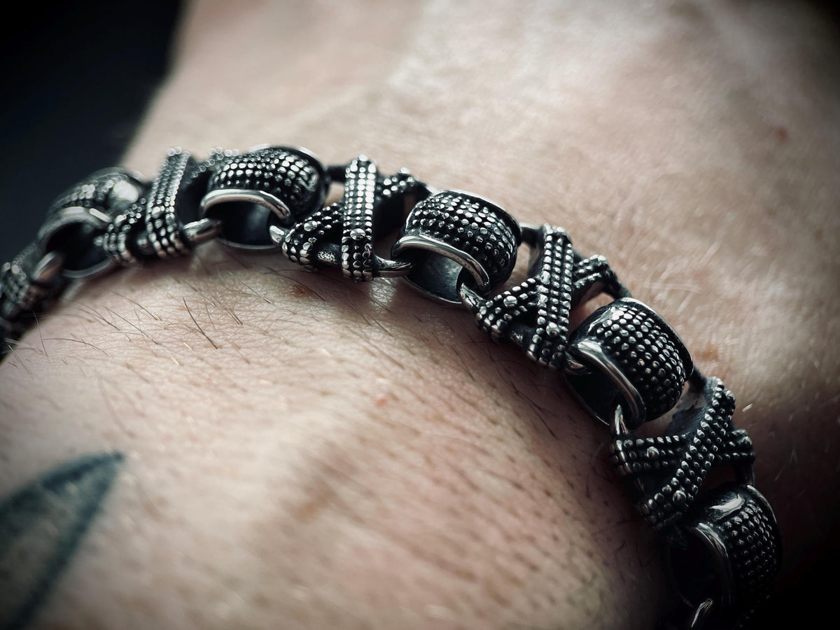 Oxidized Stainless Steel X-Link Bracelet: Chunky Rustic Mens Jewelry
