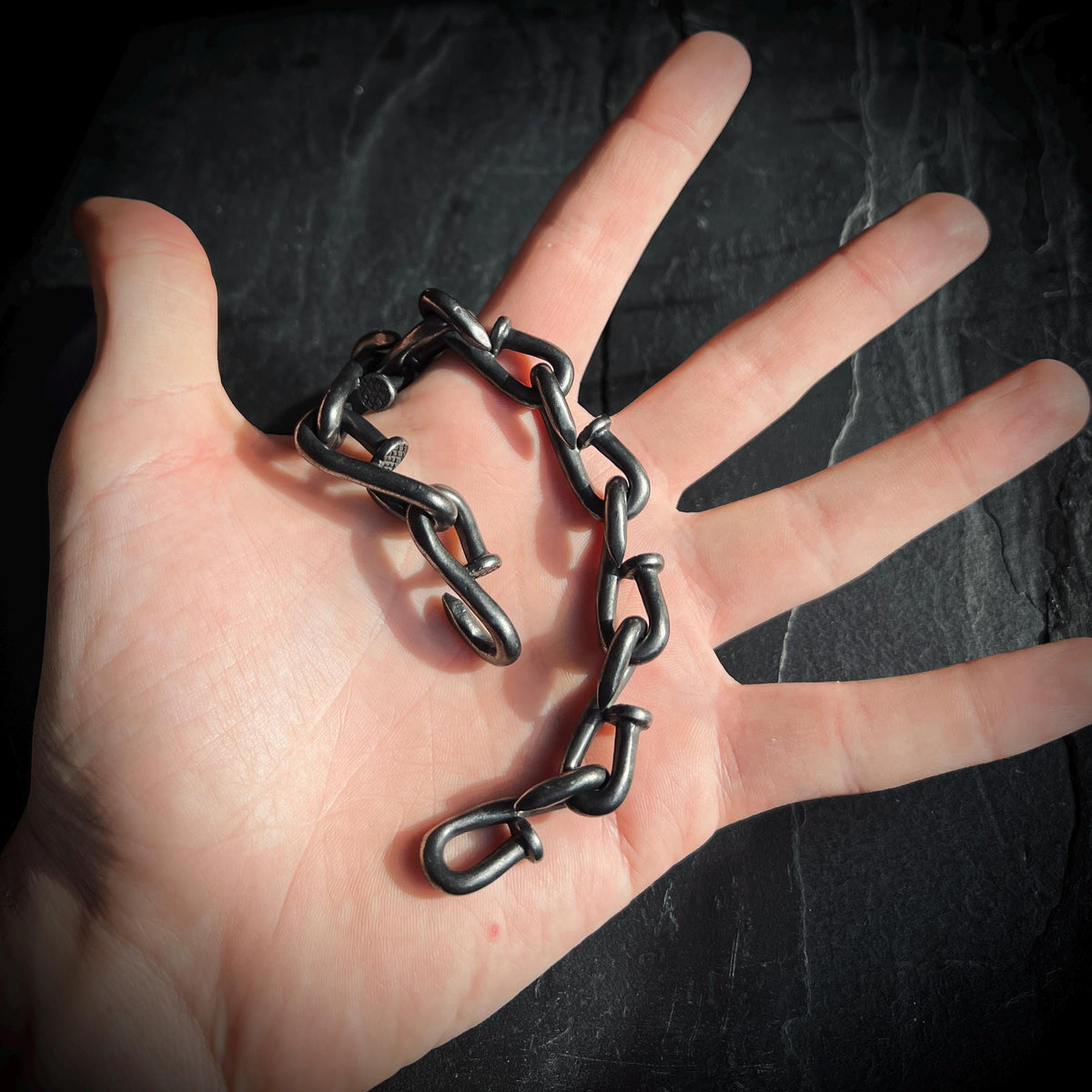 Rustic Oxidized Blackened Stainless Steel Nail Link Chunky Chain Bracelet