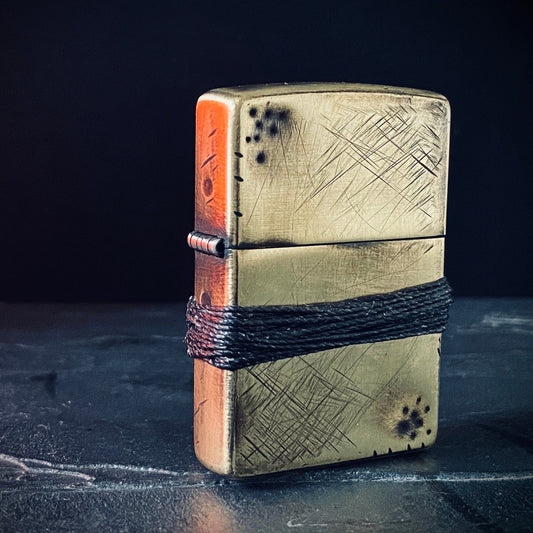 Customised Distressed & Oxidised Battle Damaged Vintage Style Gold Brass Zippo Lighter with Rope Grip / EDC / Everyday Carry