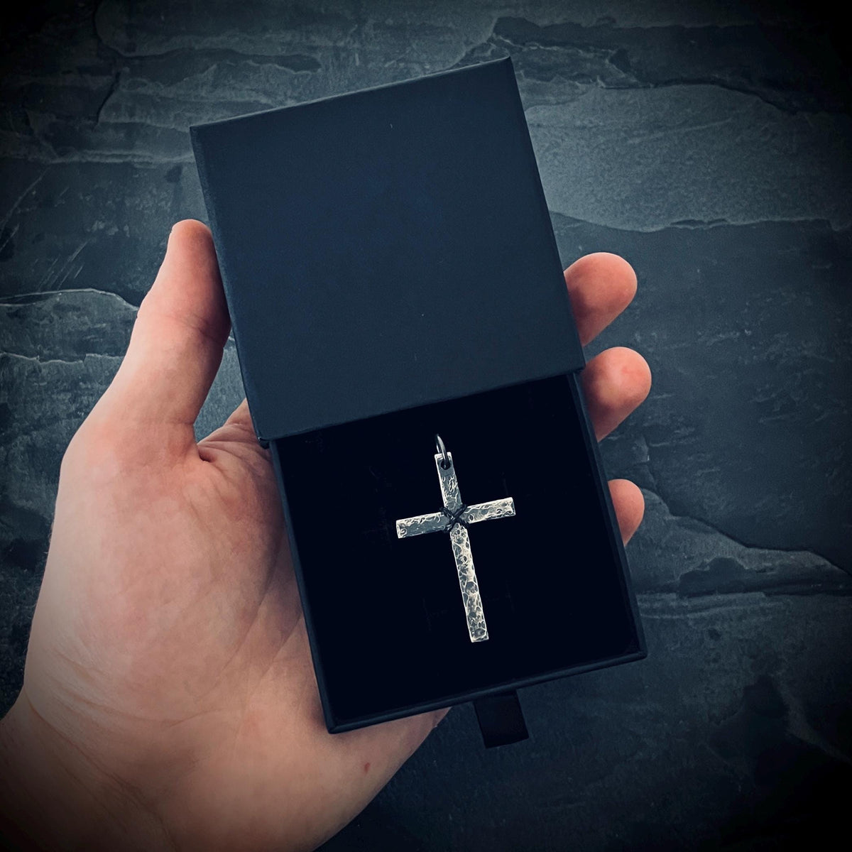 Rustic Hammered Textured 925 Sterling Silver Cross Crucifix Pendant: Distressed Oxidised Finish