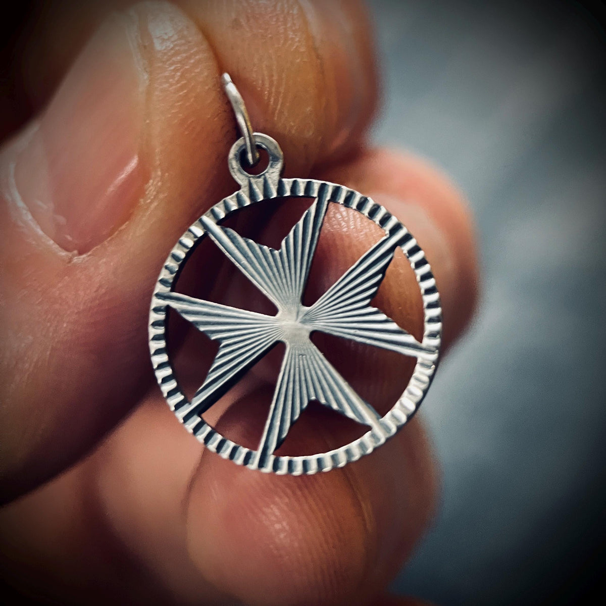 Small Oxidised Sterling Silver Decorative Maltese Cross Pendant – Rustic Crucifix Charm with Engravings
