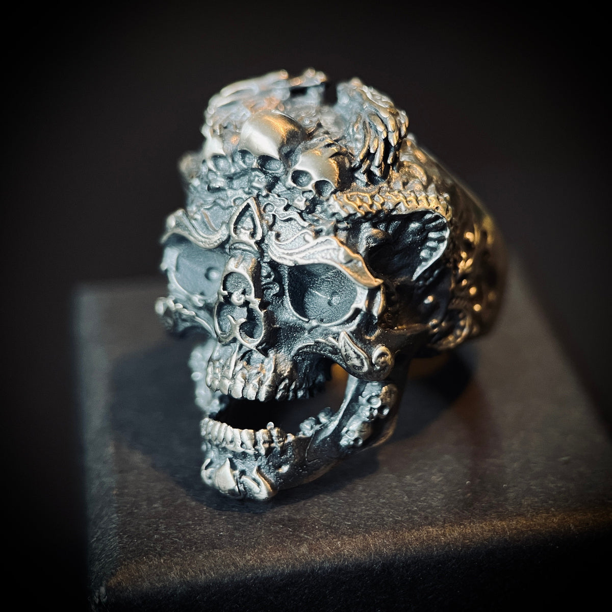 Distressed 925 Solid Sterling Silver Chunky Highly Detailed Ornate Handmade Carved Dragon Skull Ring