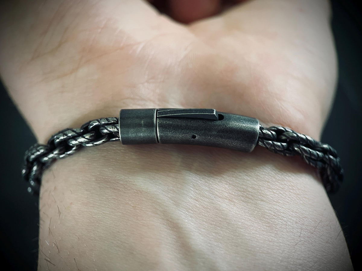 Oxidized Stainless Steel Rope Chain Bracelet: Chunky Blackened Silver, Mens Rustic Style