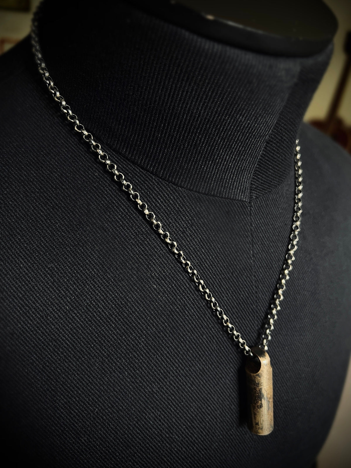 Distressed Brass Mini Shotgun Shell Stash Capsule Pendant & Sterling Silver Chain