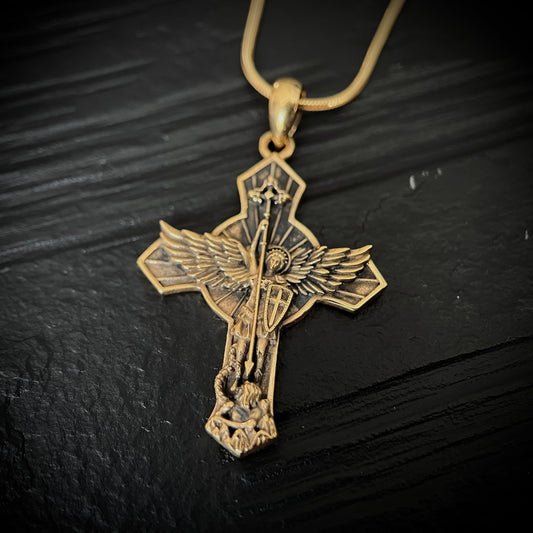 Archangel - 24ct Gold Handmade Saint Michael "Protect Us" Pendant & Matching Snake chain Necklace with Presentation Gift Box