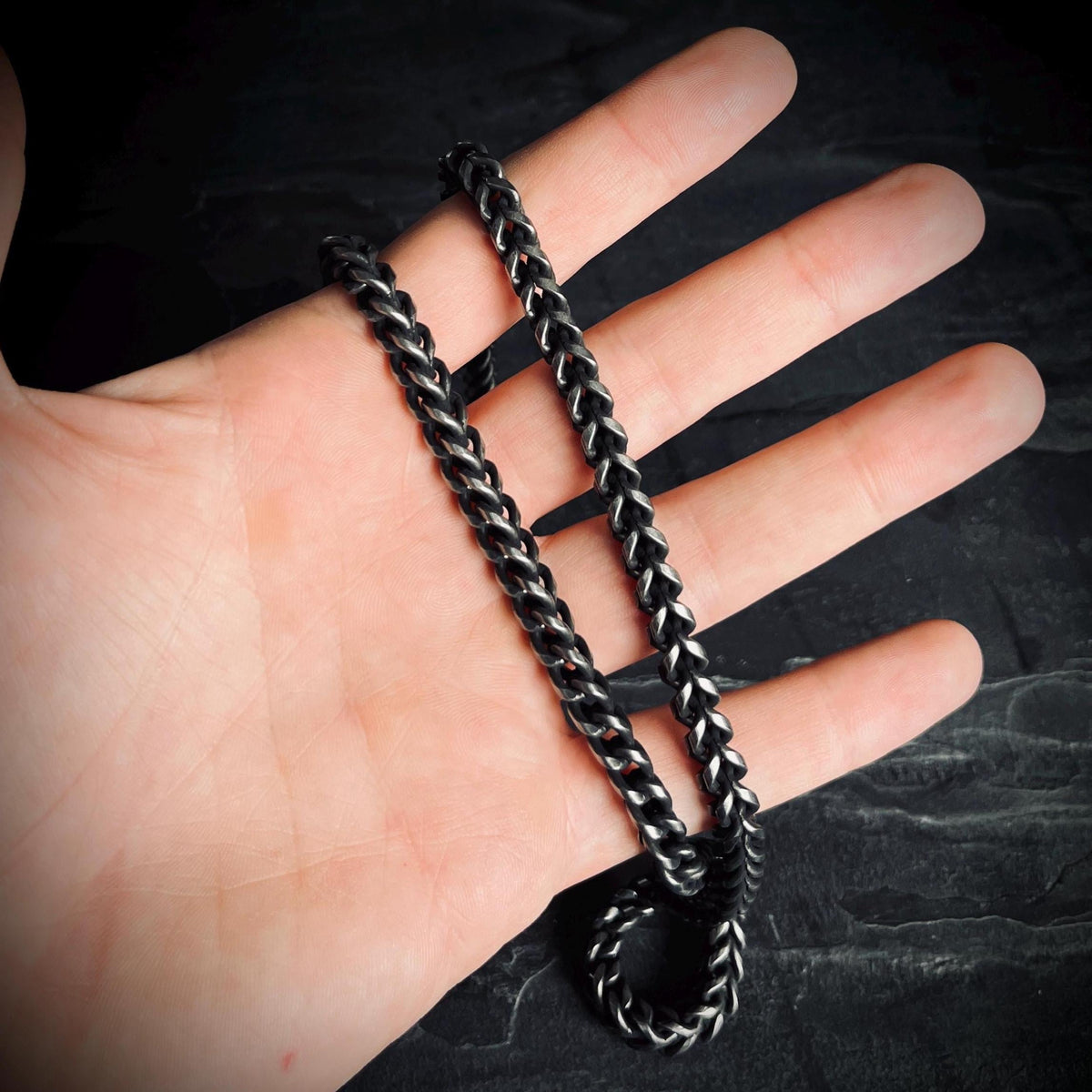 Oxidised Black & Silver Stainless Steel Chunky Thick Heavy Foxtail Chain Necklace - 24” Inches