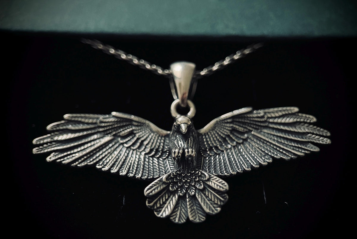 Oxidised Rustic Blackened 925 Solid Sterling Silver Crow Bird Pendant & Cable Chain Necklace