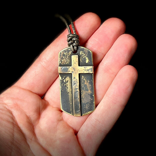 Handmade Rustic Heavily Distressed Custom Solid Brass Crucifix Dog-Tag Pendant with Black Leather Cord Necklace / Relic / Vintage Style