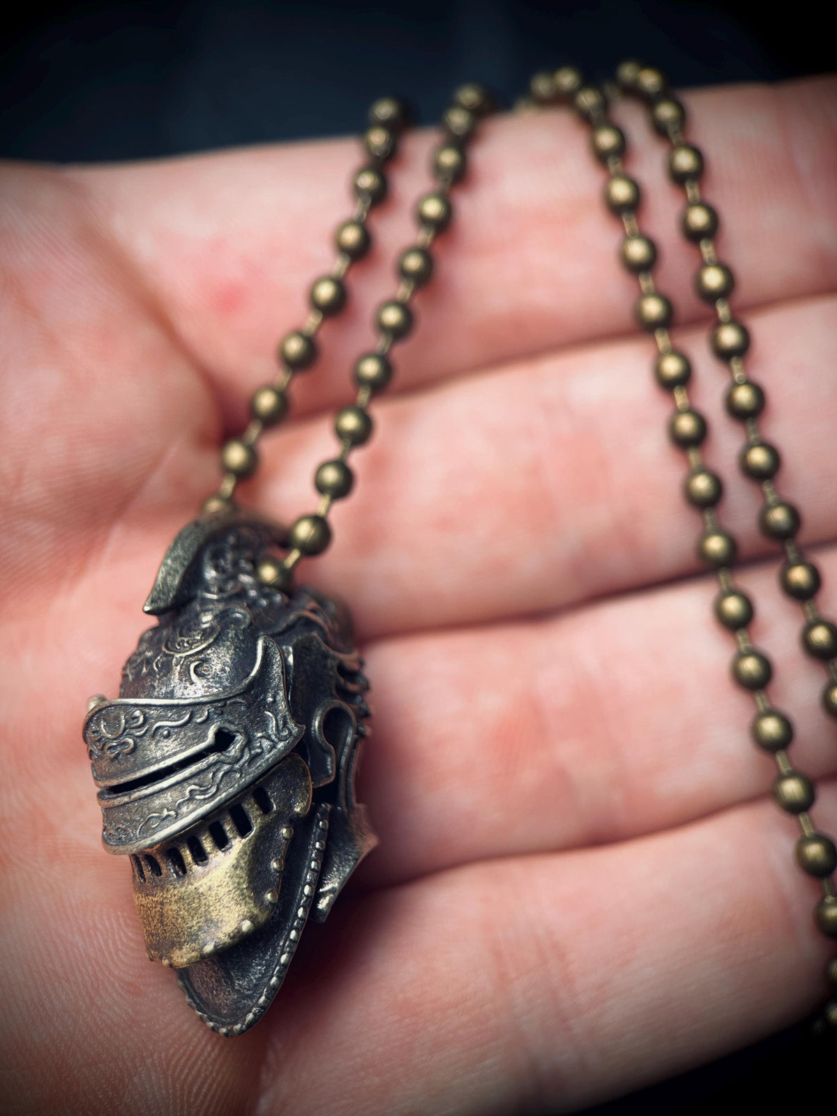 Ornate Highly Detailed Carved Distressed Aged White Brass Templar Knight Helmet Skull Pendant Necklace