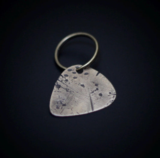 Custom Rustic Aged Brass Engraved Distressed Patina Guitar Pick Keychain