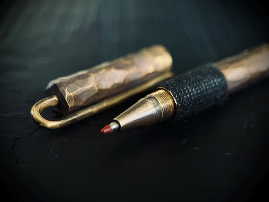 Hammered Distressed Honeycomb Pattern Ballpoint Brass Pen with Grip and Shirt Clip / Accessory / Writer / Notebook / Notes / EDC