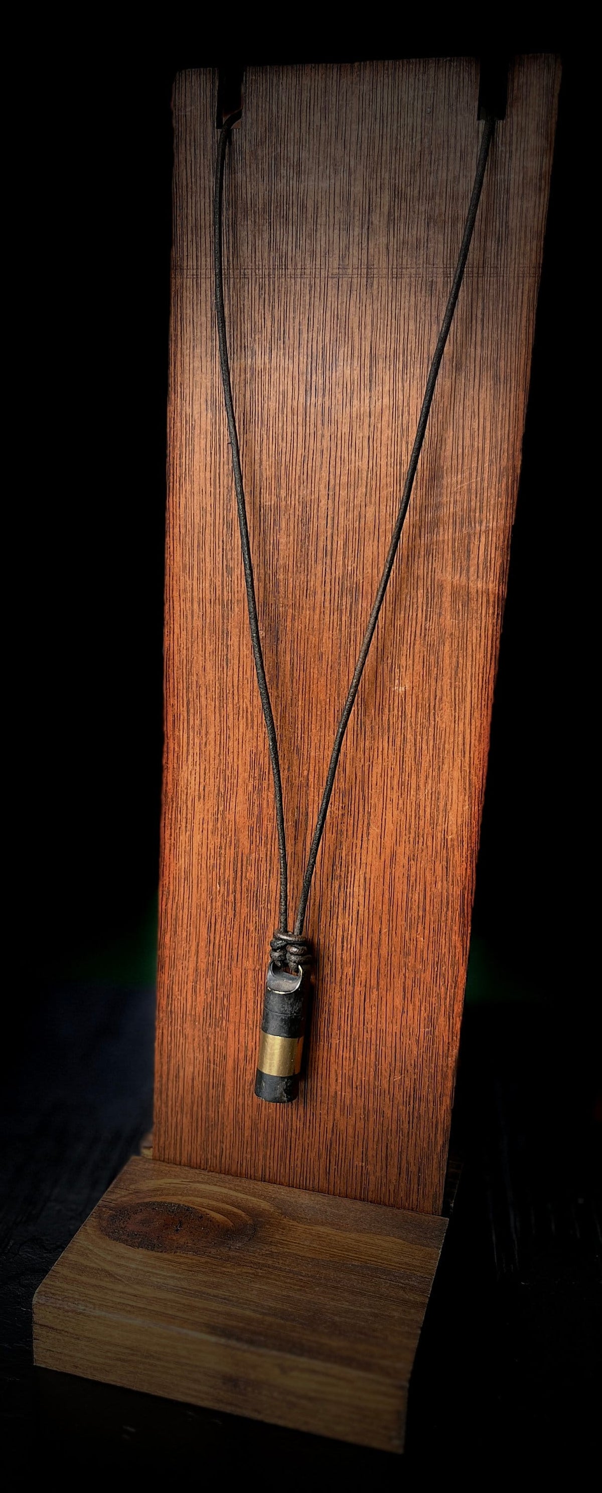 Rustic Brass 2-Tone Black & Gold Contrast Small Pill Vial Distressed Capsule Stash Urn Pendant with Leather Cord Necklace / EDC