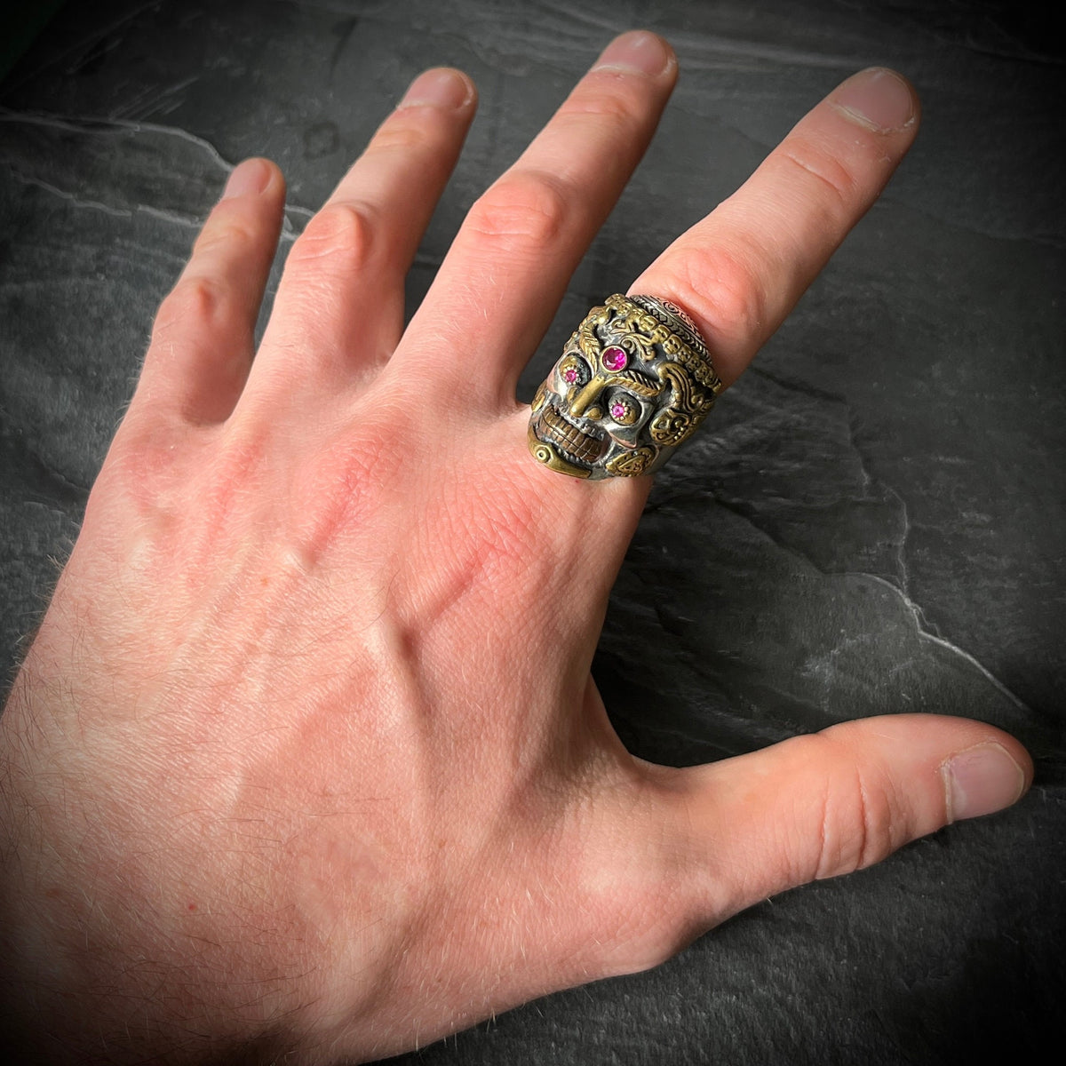 Sterling Silver Tibetan Skull Ring: Handmade Garnet Gemstone Eyes