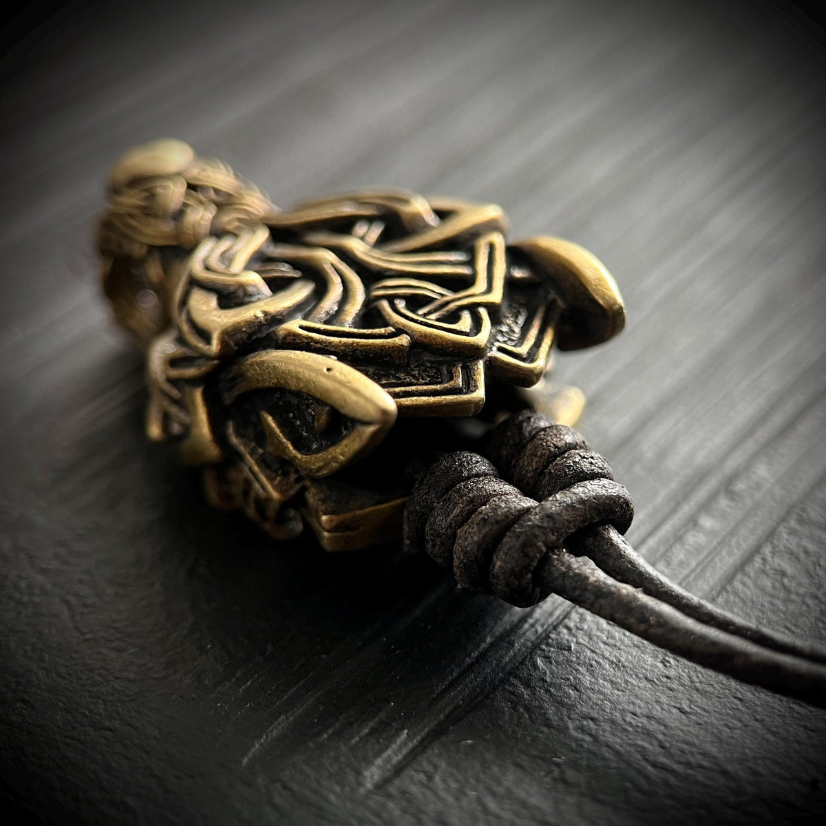 Rustic Brass Celtic Wolf Pendant & Black Distressed Leather Cord Necklace