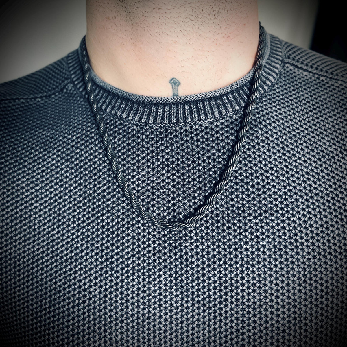 Rustic Chunky Heavy Oxidised Stainless Steel Twisted Rope Chain Necklace - Mens Minimalist Style - 24" Inches