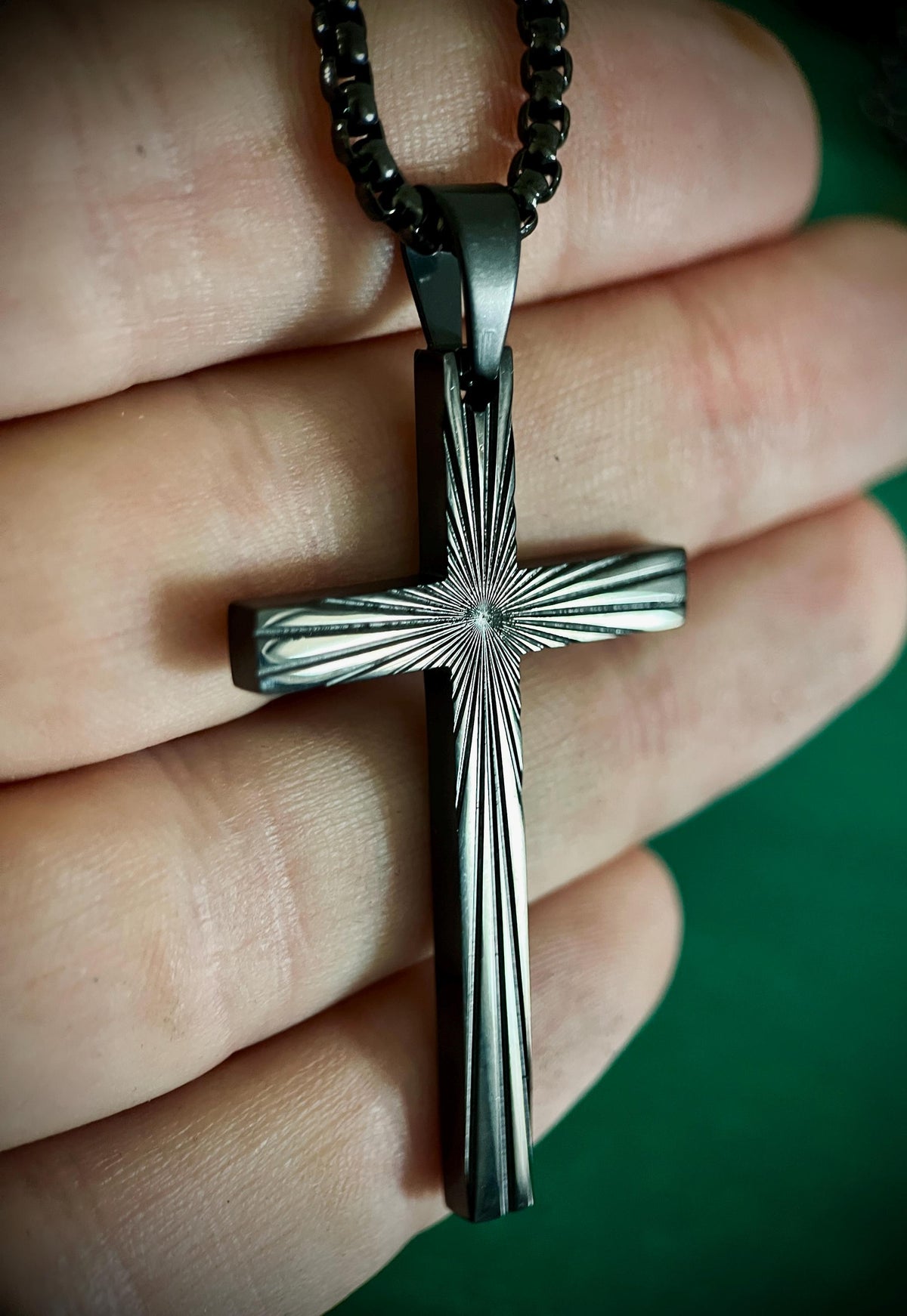 Black Stainless Steel Ornate Engraved Pattern Cross Pendant & Necklace - Boxy Style