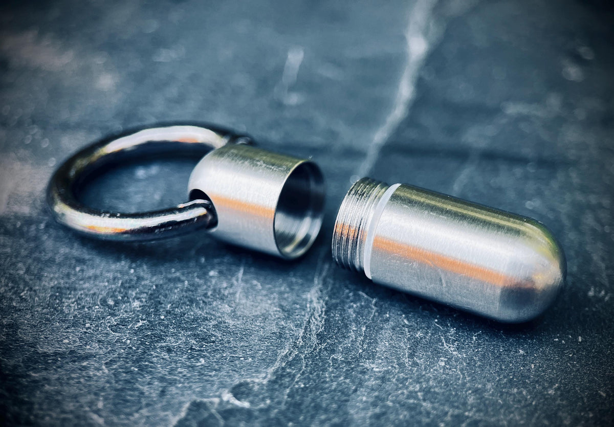 Silver Stainless Steel Titanium Waterproof Pill Bottle Capsule Keychain / Keyring / Carabiner / Survival EDC / Container / Pocket