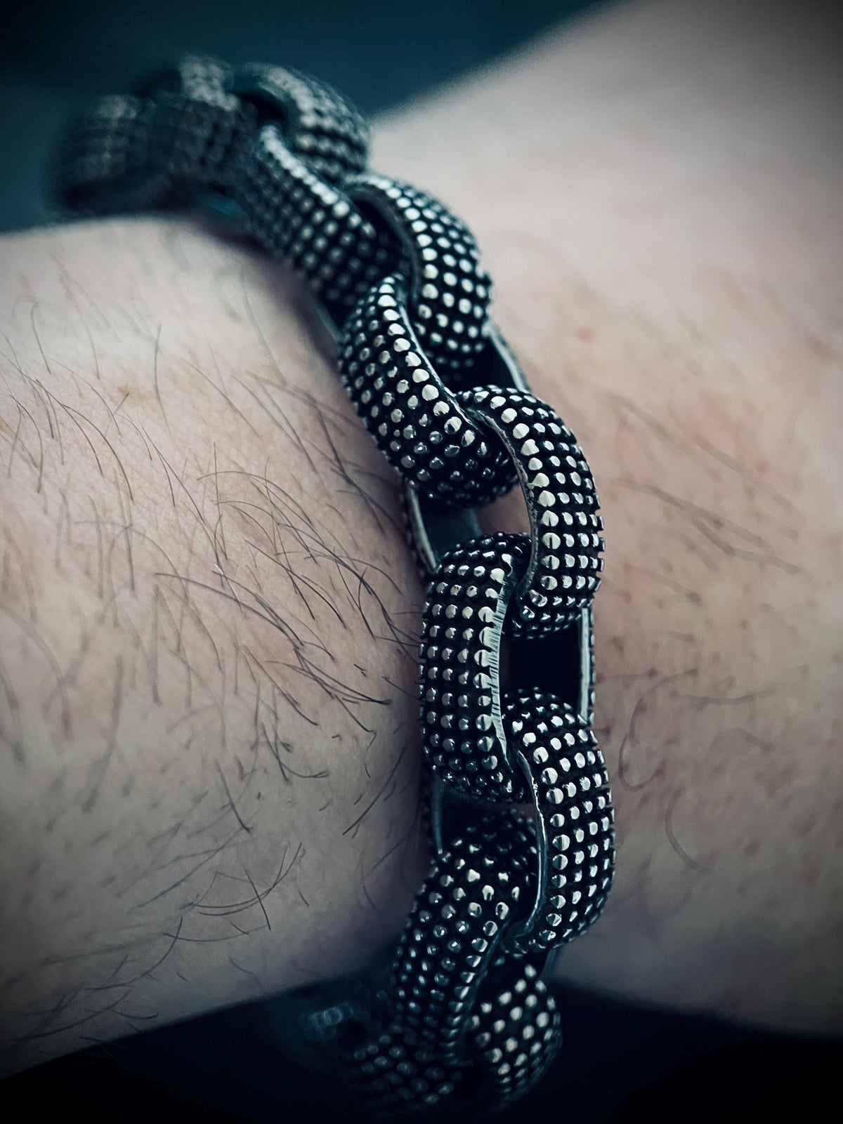 Oxidized Stainless Steel Chunky Chain Bracelet: Embossed Dot Link, Rustic Mens Jewelry