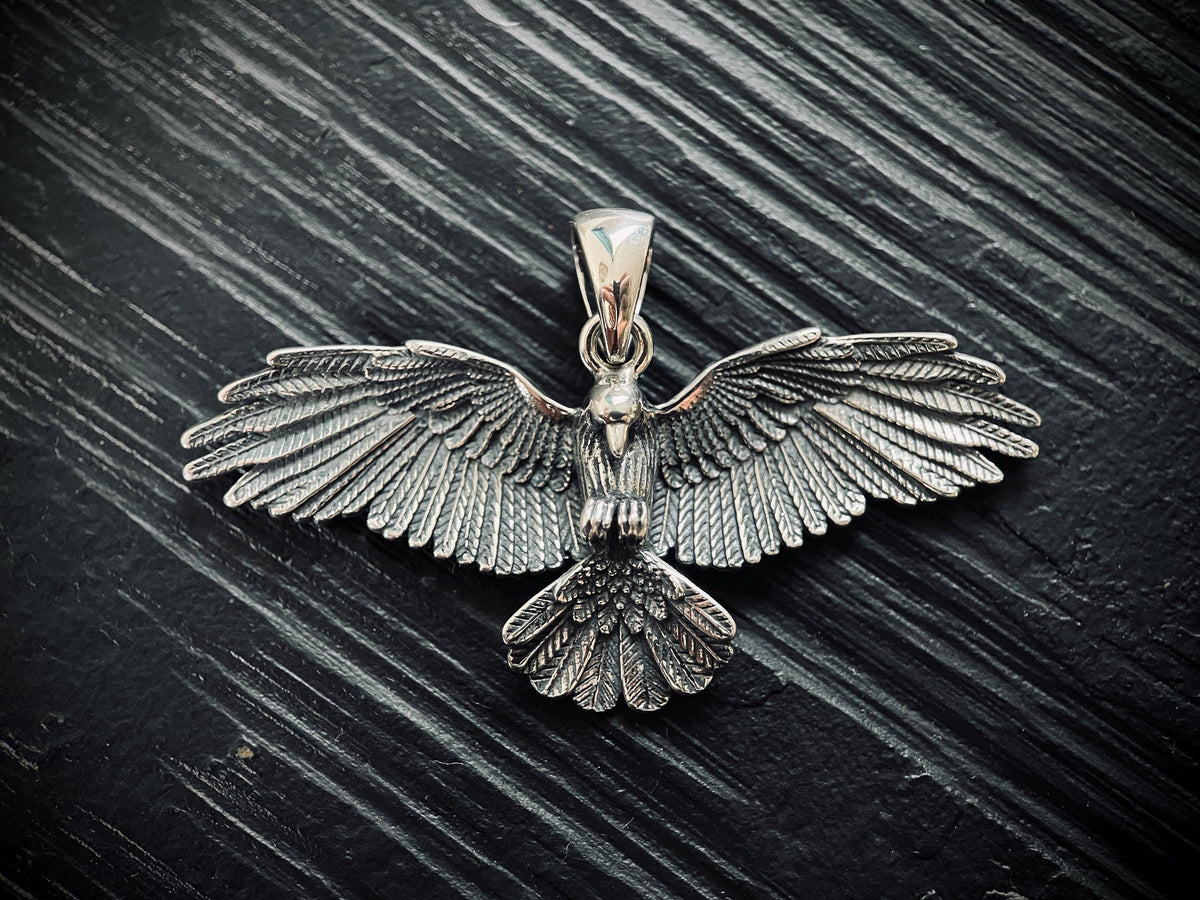 Oxidised Rustic Blackened 925 Solid Sterling Silver Winged Crow Bird Pendant