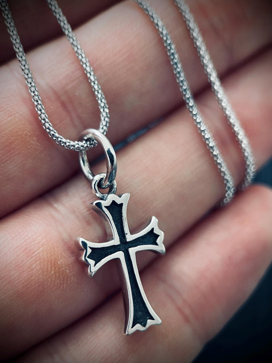 925 Solid Sterling Silver Small Dainty Crucifix Cross Pendant & Popcorn Chain Necklace