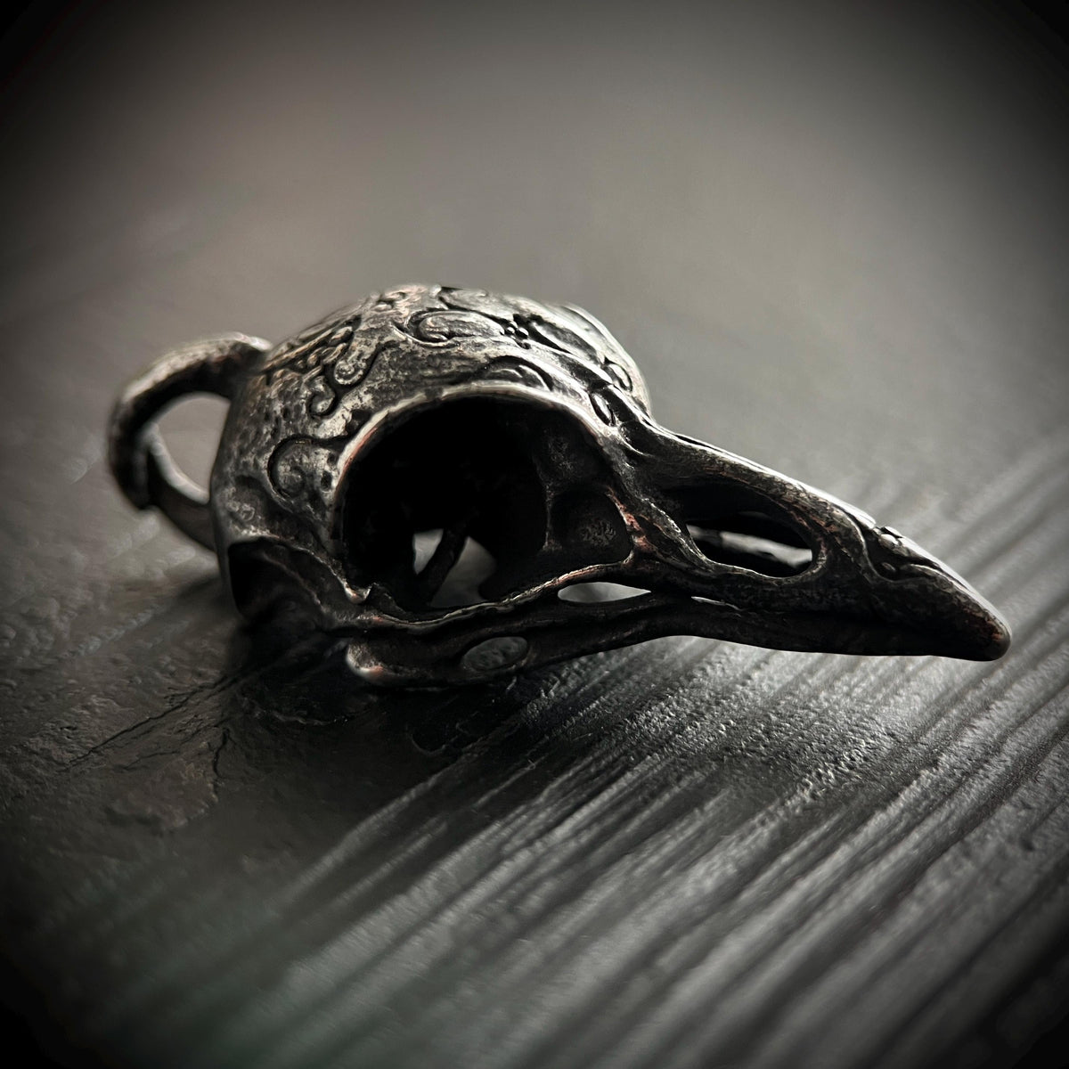 Oxidised Blackened Stainless Steel Crow Skull Amulet Ornate Pendant