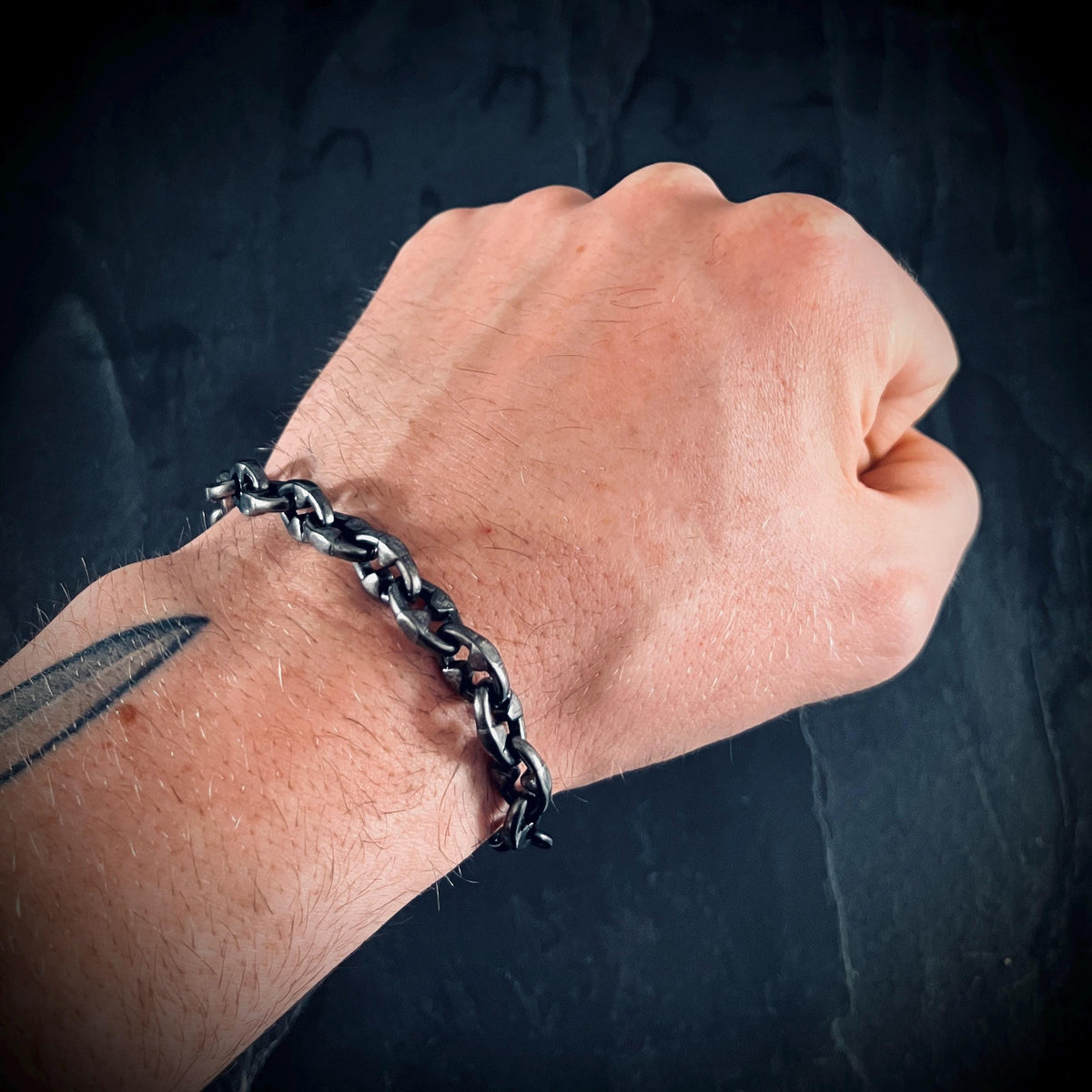 Rustic Chunky Distressed Blackened Stainless Steel Thorn Link Chain Bracelet
