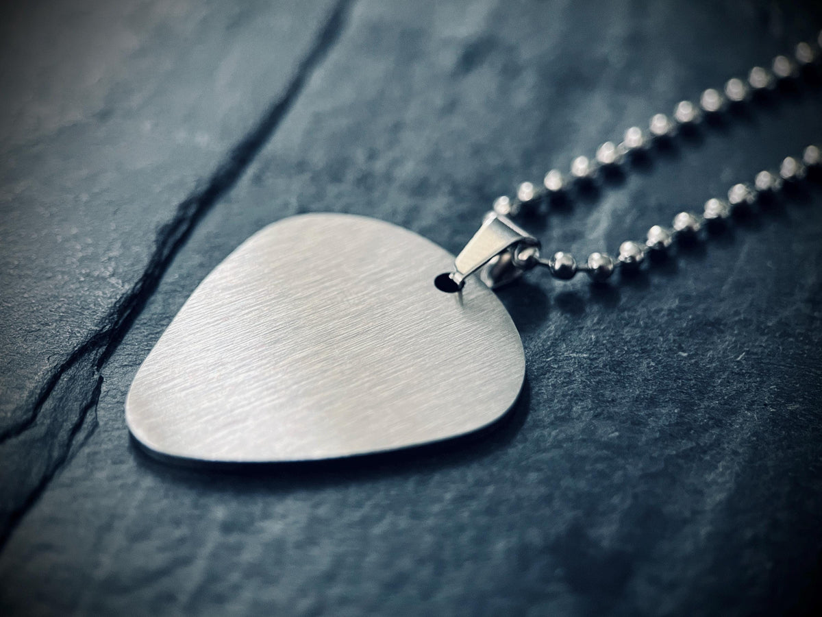 Minimalist Simple Brushed Stainless Steel Matte Silver Chrome Guitar Pick Pendant with Matching Ball Chain Necklace / Guitarist / Musician