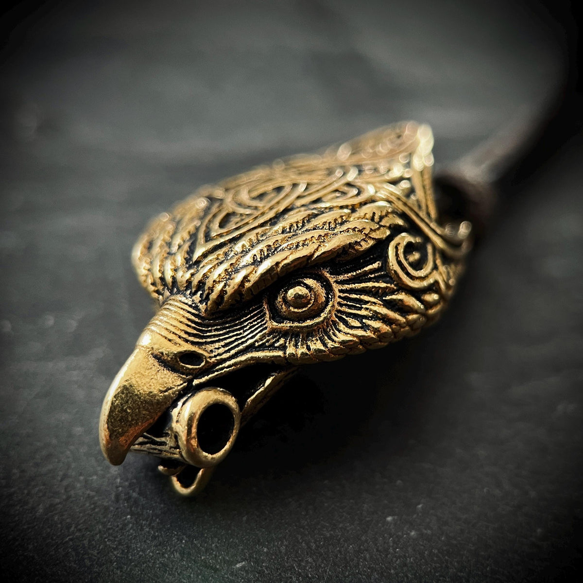 Rustic Brass Celtic Golden Eagle Bird Head Pendant & Black Distressed Leather Cord Necklace