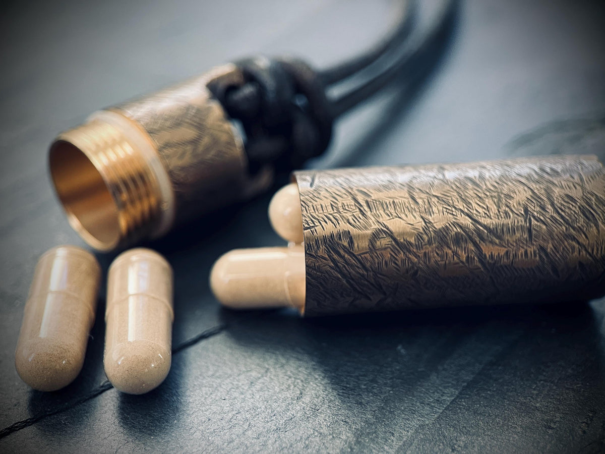 Large Rustic Brass Pill Vial Necklace: Distressed Capsule Stash Pendant with Leather Cord
