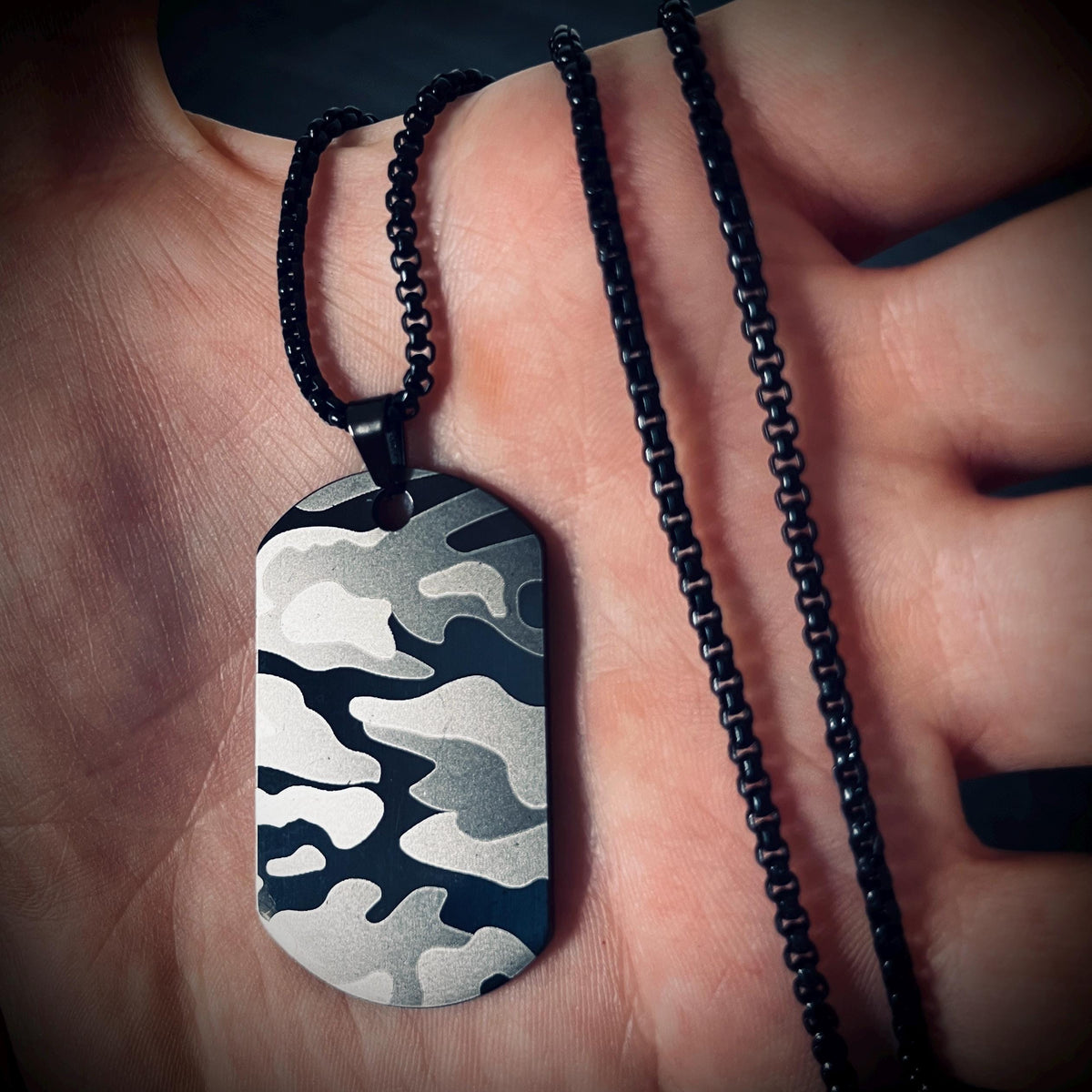 Matte Snow White Camo Dog Tag Necklace: Stainless Steel Metal Pendant with 24" Chain