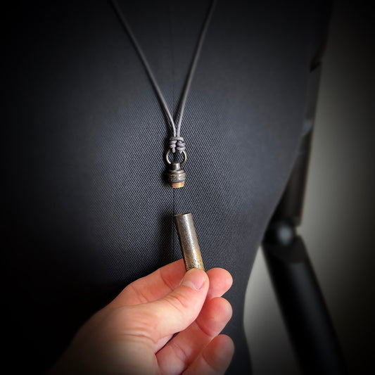 Heavily Distressed 2-Tone Contrast Patina Brass Secret Stash Vial Capsule Pendant & Leather Cord Necklace / Bullet / Rustic / Rocker / Boho