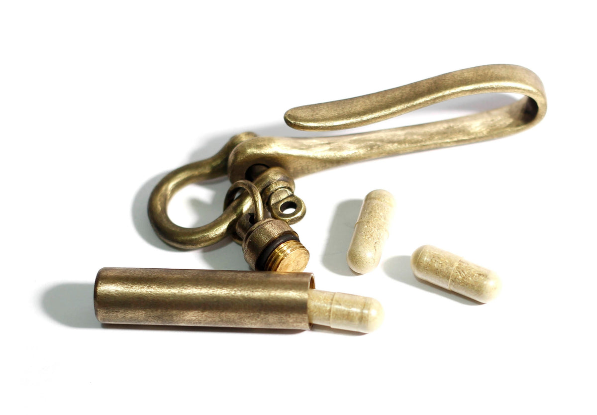 Distressed Brass Belt Hook Keychain with Stash Capsule