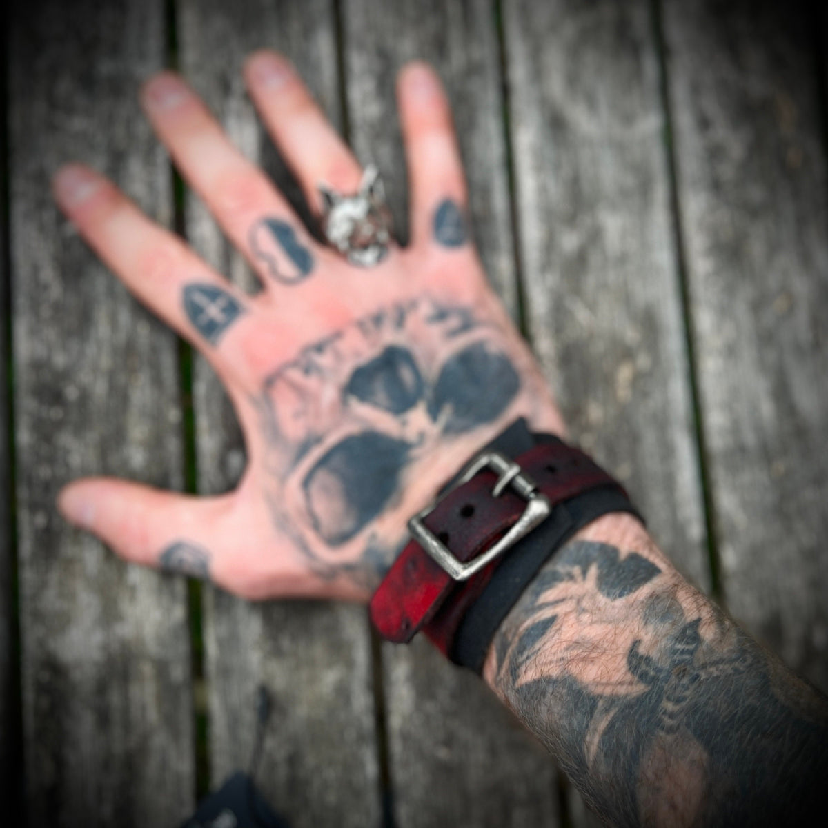 Artisan Handmade Red & Black Road Worn Out Distressed Relic Leather Wristband Wrap Cuff Bracelet Accessory with Oxidised Silver Buckle Strap