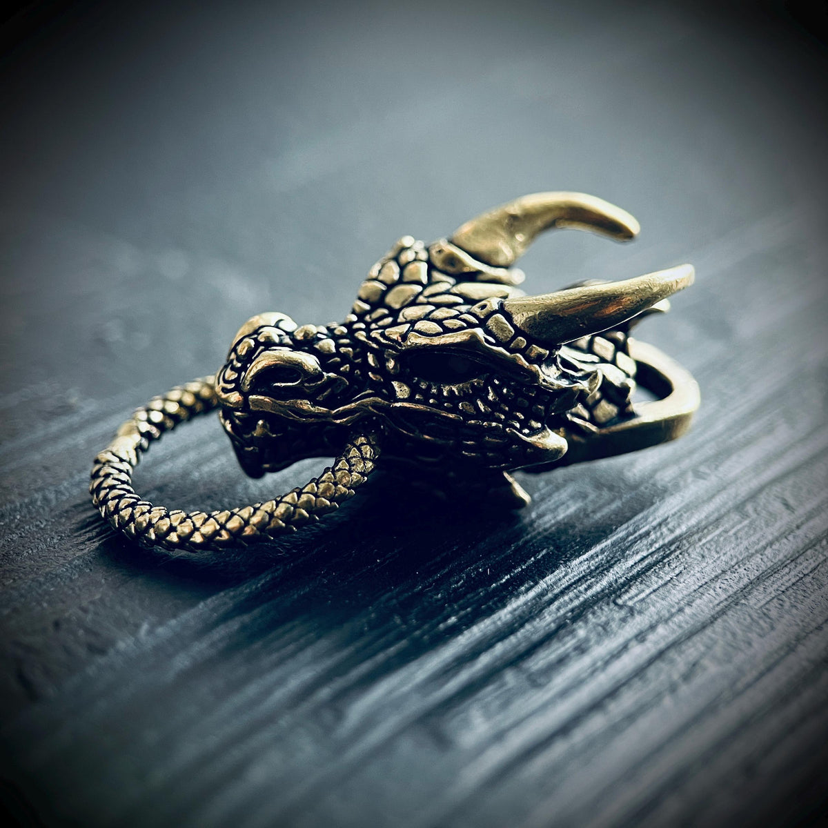 Oxidised Brass Dragon Head Charm Amulet Pendant – Rustic Black & Gold Finish